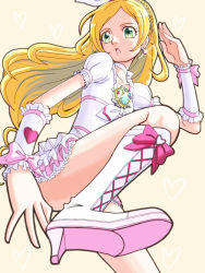 10s 1girl blonde_hair boots braid brooch choker cure_rhythm earrings eyelashes female_focus frills green_eyes heart highres jewelry kicking knee_boots long_hair magical_girl minamino_kanade precure shibumi skirt solo sparkle suite_precure white_choker wrist_cuffs