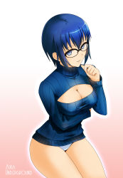 Rule 34 | 00s, 1girl, blue eyes, blue hair, breasts, ciel (tsukihime), cleavage, cleavage cutout, clothing cutout, covered erect nipples, glasses, highres, large breasts, matching hair/eyes, melty blood, meme attire, no pants, oceanbellereine, open-chest sweater, panties, ribbed sweater, short hair, solo, sweater, tsukihime, turtleneck, type-moon, underwear, white panties