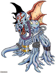 Rule 34 | 1boy, bandai, belt, chain, copyright name, dagomon, demon wings, digimon, digimon (creature), fangs, full body, horns, jewelry, looking at viewer, necklace, no humans, octopus, official art, open mouth, reaching, reaching towards viewer, red eyes, sharp teeth, solo, standing, teeth, tentacles, wings