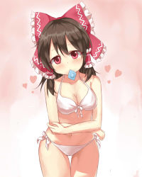 Rule 34 | 1girl, absurdres, bikini, black hair, bow, breasts, cameltoe, cleavage, commentary request, condom, condom in mouth, condom wrapper, cowboy shot, crossed arms, gradient background, hair bow, hair tubes, hakurei reimu, head tilt, heart, highres, looking at viewer, medium breasts, mouth hold, pink background, red bow, red eyes, side-tie bikini bottom, solo, standing, swimsuit, thigh gap, touhou, white background, white bikini