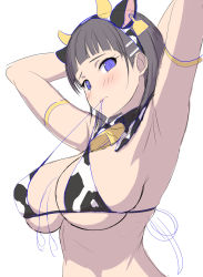 Rule 34 | 1girl, animal ears, animal print, arms behind head, arms up, bell, bikini, black hair, blue eyes, blush, breasts, cleavage, cow ears, cow horns, cow print, cowbell, fake animal ears, fake horns, grey background, highres, horns, kawase seiki, kirigaya suguha, large breasts, looking at viewer, mouth hold, navel, neck bell, short hair, simple background, skindentation, solo, swimsuit, sword art online