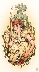 Rule 34 | 1girl, absurdres, branch, brown eyes, brown hair, cape, commentary, earrings, english commentary, facial mark, flower, fur cape, highres, holding, holding polearm, holding weapon, jewelry, mask, mask on head, mononoke hime, moro (mononoke hime), polearm, red lips, renedraws, rose, san (mononoke hime), sharp teeth, signature, smile, spear, teeth, thick lips, weapon, wolf