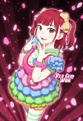 Rule 34 | 1girl, bow, bracelet, brown eyes, commentary request, dress, frilled dress, frilled sleeves, frills, furihata ai, hair bow, hands up, jewelry, kurosawa ruby, love live!, love live! sunshine!!, medium hair, multicolored clothes, multicolored dress, multicolored scrunchie, open mouth, pastel colors, petals, pink background, pink bow, pinky ring, polka dot, polka dot bow, red hair, round teeth, scrunchie, smile, solo, striped clothes, striped thighhighs, sunburst, teeth, thighhighs, two side up, upper teeth only, voice actor, voice actor connection, waste-man, wrist scrunchie, yellow bow