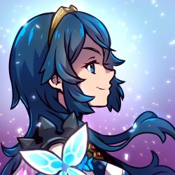 Rule 34 | 1girl, akairiot, blue background, blue eyes, blue hair, fire emblem, flower, from side, gradient background, light, light particles, light smile, long hair, lucina (fire emblem), matching hair/eyes, nintendo, official alternate costume, purple background, solo, tiara