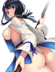 Rule 34 | 1girl, ass, back, black hair, blue eyes, blue ribbon, blush, breasts, dress, fate/grand order, fate/requiem, fate (series), fundoshi, highleg, highres, japanese clothes, large breasts, long sleeves, looking at viewer, looking back, magatama, medium hair, multicolored hair, nakano sora, open mouth, pink hair, polearm, puffy long sleeves, puffy sleeves, ribbon, seigaiha, short dress, sideboob, sidelocks, simple background, spear, streaked hair, two-sided fabric, two-sided skirt, utsumi erice, weapon, white background, white dress