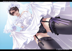 Rule 34 | 1girl, bayonetta, bayonetta (series), black eyes, black hair, black panties, black thighhighs, carnelian, clothes lift, dress, female focus, flower, garter straps, glasses, gloves, gradient background, jewelry, lifted by self, looking down, mole, necklace, outdoors, panties, pantyshot, short hair, skirt, skirt lift, sky, solo, thighhighs, underwear, upskirt, wedding dress, white gloves