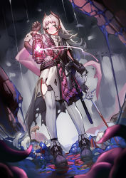 Rule 34 | 1girl, absurdres, ammunition belt, anklet, arknights, black dress, black footwear, black gloves, blood, bloody weapon, dress, full body, gloves, grey eyes, grey hair, grey sky, gun, hand up, handgun, head wings, highres, holding, holding lantern, holding sword, holding weapon, holstered, irene (arknights), jewelry, lantern, long sleeves, looking at viewer, mihua mh, monster, multicolored clothes, multicolored dress, outdoors, overcast, pantyhose, pink dress, rain, red pupils, sky, solo, standing, sword, thighs, torn clothes, torn dress, torn pantyhose, weapon, white dress, white pantyhose, wings
