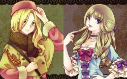 Rule 34 | 2girls, adjusting clothes, adjusting headwear, bag, bags under eyes, blonde hair, blue eyes, bow, breasts, brown hair, buckle, buttons, choker, cleavage, coat, collarbone, dress, drill hair, hand fan, fang, folding fan, france, frilled sleeves, frills, frown, fur coat, fur hat, fuuka (fukasheu), green eyes, hair bow, hair over one eye, hand on headwear, hand on own hip, hat, long hair, long sleeves, multiple girls, open mouth, original, personification, pink bow, purple bow, ribbon, russia, scarf, smile, strap, striped, striped bow