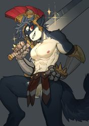 Rule 34 | 1boy, animal ears, blue hair, body fur, broadsword, dog ears, dog tail, furry, furry male, gauntlets, grey background, grin, highres, hkl9917462, holding, holding sword, holding weapon, male focus, muscular, nipples, original, pelvic curtain, red eyes, shortless, simple background, slit pupils, smile, solo, sword, tail, weapon