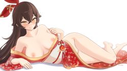 Rule 34 | 1girl, amber (genshin impact), armpits, bare shoulders, blush, breasts, breasts apart, breasts out, brown eyes, brown hair, collarbone, crossed bangs, genshin impact, hair ribbon, has bad revision, has censored revision, highres, japanese clothes, jewelry, kimono, large breasts, long hair, looking at viewer, lying, miaru, naked kimono, nipples, no bra, no panties, obi, off shoulder, on side, pendant, pussy, red kimono, red ribbon, revision, ribbon, sash, smile, thighs, vision (genshin impact)