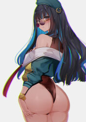 Rule 34 | 1girl, absurdres, ass, back, bare shoulders, beret, black hair, blue hair, blush, bracelet, breasts, brown leotard, colored inner hair, eyeliner, fate/grand order, fate (series), green hat, green jacket, grey eyes, hat, highleg, highleg leotard, highres, jacket, jewelry, leotard, long hair, long sleeves, looking at viewer, looking back, makeup, medium breasts, multicolored hair, off shoulder, round eyewear, sidelocks, solo, sunglasses, tenochtitlan (fate), tenochtitlan (second ascension) (fate), thighs, ura illust, wide hips