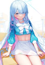 Rule 34 | 1girl, arona (blue archive), arona (blue archive) (cosplay), blue archive, blue eyes, blue hair, bow, bowtie, braid, choker, closed mouth, cosplay, crop top, desk, floating, floating object, general student council president (blue archive), hair over one eye, highres, kep (ahokep), long hair, long sleeves, miniskirt, on desk, pink hair, sitting, on desk, skirt, smile, solo, very long hair, white bow, white bowtie, white choker, white skirt