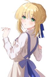 Rule 34 | 1girl, ahoge, alternate costume, artoria pendragon (all), artoria pendragon (fate), blonde hair, blue ribbon, blush, braid, check commentary, commentary request, cowboy shot, dress, fate/stay night, fate (series), french braid, green eyes, highres, long sleeves, looking at another, ribbon, saber (fate), sakura (tariliko), sidelocks, solo, w arms, waist ribbon, white background, white dress