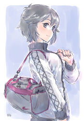 Rule 34 | 1girl, artist name, bag, black hair, duffel bag, from side, grey background, grey eyes, hayasui (kancolle), jacket, kantai collection, looking at viewer, nike (company), short hair, simple background, smile, solo, suzumaru, track jacket, upper body, zipping