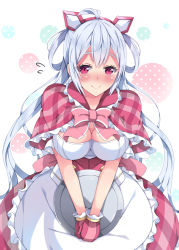 Rule 34 | 1girl, ahoge, apron, blush, breasts, capelet, cleavage, closed mouth, flying sweatdrops, frilled apron, frills, hair rings, holding, holding tray, large breasts, leaning forward, long hair, looking at viewer, matoi (pso2), medium breasts, milkpanda, mittens, own hands together, phantasy star, phantasy star online 2, red eyes, silver hair, skirt, smile, solo, tray, twintails, v arms, very long hair, waist apron, white background