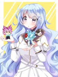 Rule 34 | 1girl, 2boys, animal, animal in clothes, aqua hair, artist name, beyblade, beyblade: burst, blue hair, blush, boots, breasts, character name, chibi, closed mouth, eyes visible through hair, fiery hair, foliage, hair up, harry the hedgehog, hedgehog, highres, holding, jewelry, kymhotii, large breasts, military, military uniform, multiple boys, nishiro nya, open mouth, purple eyes, purple hair, scarf, self-upload, shirosagi lui, simple background, uniform, walhalla lean, wavy hair, yellow eyes