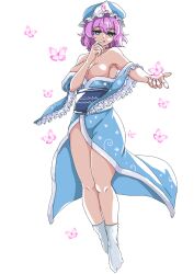 Rule 34 | 1girl, absurdres, bare shoulders, blue eyes, blue headband, blue kimono, breasts, bug, butterfly, cleavage, collarbone, commentary, full body, headband, highres, insect, japanese clothes, kimono, kyoto kiranami, large breasts, looking at viewer, pink hair, saigyouji yuyuko, sash, short hair, simple background, socks, solo, touhou, triangular headpiece, white background, white socks