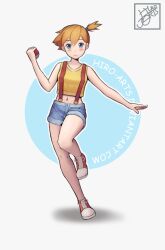 Rule 34 | 1girl, bare arms, blue eyes, blue shorts, blush, closed mouth, commentary, creatures (company), full body, game freak, hand up, highres, hirosenpai, holding, holding poke ball, knees, leg up, looking at viewer, misty (pokemon), navel, nintendo, one side up, orange hair, poke ball, poke ball (basic), pokemon, pokemon (anime), pokemon (classic anime), shirt, shoes, short hair, short shorts, shorts, sleeveless, sleeveless shirt, smile, sneakers, solo, suspenders, watermark, web address, yellow shirt