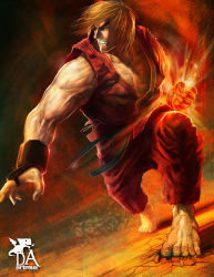 Rule 34 | 1boy, teeth, barefoot, blonde hair, daniel aviles, dougi, eyebrows, fire, glowing, glowing hand, ground shatter, highres, ken masters, male focus, muscular, short hair, solo, street fighter, thick eyebrows