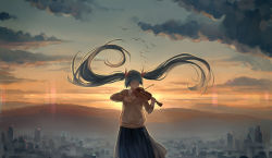 Rule 34 | 1girl, bird, bow (music), cityscape, cloud, closed eyes, floating hair, green hair, hair ribbon, hatsune miku, instrument, light smile, long hair, long sleeves, neck ribbon, norizc, outdoors, playing instrument, ribbon, school uniform, skirt, sky, solo, standing, sunset, sweater, twilight, twintails, v-neck, violin, vocaloid, wing collar