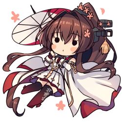 Rule 34 | 1girl, brown hair, cherry blossoms, chibi, clothes writing, detached sleeves, flower, full body, hair between eyes, hair flower, hair ornament, headgear, holding, holding umbrella, kantai collection, kasumi (skchkko), long hair, oil-paper umbrella, pink flower, ponytail, simple background, solo, tassel, thighhighs, umbrella, very long hair, white background, wide sleeves, yamato (kancolle), yamato kai ni (kancolle)
