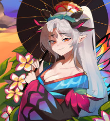 Rule 34 | 1girl, breasts, cleavage, collarbone, elf, facial mark, fairy wings, fire emblem, fire emblem heroes, flower, forehead mark, holding, holding umbrella, japanese clothes, kimono, large breasts, long sleeves, memeh, nintendo, official alternate costume, orange eyes, plumeria (fire emblem), pointy ears, ponytail, silver hair, smile, solo, twitter username, umbrella, watermark, wide sleeves, wings