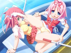 Rule 34 | 2girls, blue eyes, boat, clothed sex, clothes lift, female focus, game cg, green eyes, legs, multiple girls, open mouth, outdoors, panties, pink hair, red skirt, shiny skin, sitting, skirt, skirt lift, tagme, tears, torogao, tribadism, two side up, underwear, watercraft, white panties, yellow panties, yuri
