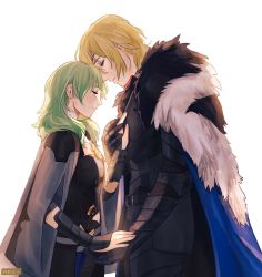 Rule 34 | 1boy, 1girl, armor, artist name, black legwear, black pants, black shirt, blonde hair, blue cape, byleth (female) (fire emblem), byleth (fire emblem), cape, couple, dimitri alexandre blaiddyd, eyebrows, eyelashes, fingernails, fire emblem, fire emblem: three houses, fire emblem heroes, forehead-to-forehead, fur trim, green hair, grey cape, hand on another&#039;s chest, happy, heads together, height difference, hetero, highres, holding hands, light green hair, long hair, long sleeves, metal gloves, nintendo, pants, profile, shirt, short hair, sleeves past elbows, smile, spoilers, sunlight, twitter username, viria13, watermark, white background