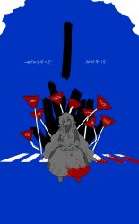 Rule 34 | 1girl, apron, blood, blood on clothes, blue background, bow, cloud, crosswalk, dated, dress, hair bow, highres, kagerou days (vocaloid), kagerou project, kozakura marry, limited palette, long hair, long sleeves, looking at viewer, pillar, road sign, sidelocks, sign, simple background, sitting, song name, stop sign, very long hair, wastegoma