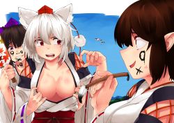 Rule 34 | 5girls, :d, absurdres, animal ears, assisted exposure, bad id, bad pixiv id, blush, breasts, brown hair, cleavage, commentary request, day, drawing on another&#039;s face, fangs, from behind, grin, hagoita, hair between eyes, hair ribbon, hakurei reimu, hands up, hat, highres, himekaidou hatate, holding, holding brush, huge filesize, inubashiri momiji, japanese clothes, kimono, kimono pull, kirisame marisa, kourindou tengu costume, long hair, looking at another, looking back, medium breasts, medium hair, miko, multiple girls, no bra, open mouth, paddle, pom pom (clothes), pulling another&#039;s clothes, purple eyes, purple ribbon, red eyes, ribbon, ribbon-trimmed sleeves, ribbon trim, shameimaru aya, shirokaba114, smile, teamwork, tokin hat, touhou, twintails, upper body, white hair, wide sleeves, witch, wolf ears, wolf girl, yuri