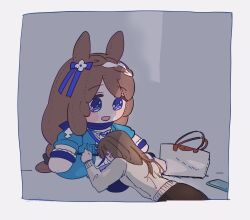 Rule 34 | 1girl, :d, amakazu 33, animal ears, bag, black ribbon, blue eyes, blue jacket, blue scarf, blush, border, braid, brown hair, character doll, commentary request, doqute stuffed doll, grey background, hair ribbon, highres, horse ears, horse girl, hugging doll, hugging object, jacket, long hair, long sleeves, lying, on stomach, open mouth, oversized object, phone, ribbon, scarf, sitting, smile, stuffed toy, super creek (umamusume), sweater, umamusume, very long hair, white sweater