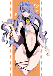 Rule 34 | 1girl, alternate costume, bare shoulders, black slingshot swimsuit, bracelet, breasts, camilla (fire emblem), cleavage, eyewear on head, fe135700, fire emblem, fire emblem fates, flower, hair over one eye, heart, highres, holding, holding own hair, jewelry, large breasts, long hair, navel, nintendo, parted lips, purple hair, slingshot swimsuit, smile, solo, sunglasses, swimsuit, very long hair, yellow flower