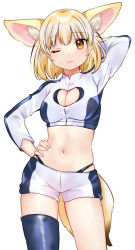 Rule 34 | 1girl, ;3, alternate costume, animal ear fluff, animal ears, arm behind head, asymmetrical legwear, blonde hair, blue shirt, blue shorts, blue thighhighs, cleavage cutout, clothing cutout, commentary request, contrapposto, crop top, fennec (kemono friends), fox ears, fox girl, fox tail, hand on own hip, high collar, highres, kemono friends, long sleeves, looking at viewer, midriff, navel, one eye closed, race queen, shirt, short hair, short shorts, shorts, simple background, single thighhigh, solo, suicchonsuisui, tail, thighhighs, two-tone shirt, two-tone shorts, uneven legwear, white background, white shirt, white shorts, yellow eyes, zettai ryouiki