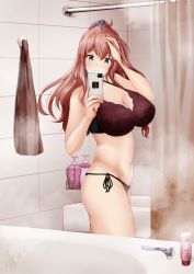 Rule 34 | 1girl, bathroom, bra, breasts, brown hair, cellphone, cleavage, closed mouth, hair ornament, hair scrunchie, highres, holding, holding phone, huge breasts, kantai collection, long hair, panties, phone, ponytail, razor, saratoga (kancolle), scrunchie, selfie, shower curtain, side-tie panties, smartphone, solo, steam, tadokoro nurikabe, towel, underwear