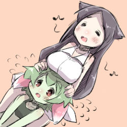 Rule 34 | 2girls, :d, = =, bad id, bad pixiv id, bare arms, bare shoulders, blush, breast rest, breasts, breasts on head, brown background, brown hair, closed eyes, collarbone, colored skin, crop top, dress, dutch angle, eighth note, flying sweatdrops, forehead, green hair, green skin, green tank top, hair between eyes, large breasts, monster girl, multiple girls, musical note, open mouth, original, parted bangs, plant girl, red eyes, simple background, sleeveless, sleeveless dress, smile, tank top, u-non (annon&#039;an), white dress