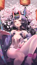 Rule 34 | 1girl, alcohol, bare shoulders, blunt bangs, breasts, cherry blossoms, commentary request, cup, eyeshadow, fangs, fate/grand order, fate (series), flower, gem, hair ornament, horns, japanese clothes, karasu-san (syh3iua83), kimono, lantern, makeup, off shoulder, oni, open clothes, open kimono, open mouth, petals, pouring, purple hair, purple kimono, red eyes, revealing clothes, sakazuki, sake, short hair, shuten douji (fate), shuten douji (first ascension) (fate), sitting, skin-covered horns, small breasts, solo, teeth