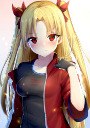 Rule 34 | &gt;:(, 1girl, alternate costume, black gloves, black shirt, blonde hair, blush, casual, chixiao, closed mouth, ereshkigal (fate), eyelashes, fate/grand order, fate (series), frown, gloves, gradient background, hair ribbon, highres, jacket, light particles, long hair, looking at viewer, medium hair, off shoulder, open clothes, open jacket, parted bangs, red eyes, red jacket, red ribbon, ribbon, shirt, short sleeves, solo, straight hair, tohsaka rin, two side up, upper body, v-shaped eyebrows, very long hair, wavy mouth