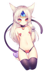 Rule 34 | 1girl, animal ears, ao jun, bell, black thighhighs, box, cat ears, cat tail, code: battle seraph (elsword), collar, covered erect nipples, elsword, eve (elsword), expressionless, facial mark, flat chest, gem, heart, heart-shaped box, heart panties, heart pasties, heart print, long hair, looking at viewer, neck bell, orange eyes, panties, pasties, pointing, pointing at self, print panties, solo, tail, thighhighs, underwear, valentine, white background, white hair