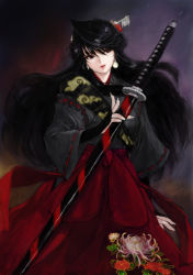 Rule 34 | 1girl, arm guards, black hair, chrysanthemum, earrings, flower, hair ornament, japanese clothes, jewelry, kimono, long hair, looking away, ponsuke (pon00000), red eyes, sheath, sheathed, solo, sword, weapon