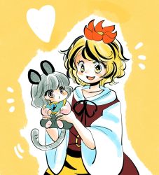 Rule 34 | 2girls, animal ears, animal print, blonde hair, blush, brown eyes, carrying, fang, grey hair, hair ornament, jewelry, komaku juushoku, long sleeves, mouse ears, mouse tail, multicolored hair, multiple girls, nazrin, open mouth, pendant, puffy long sleeves, puffy sleeves, red skirt, red vest, short hair, skirt, smile, streaked hair, tail, tiger print, toramaru shou, touhou, vest, wide sleeves, yellow background, yellow eyes, aged down