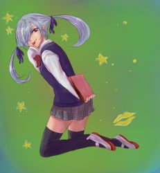 Rule 34 | 10s, 1girl, blue hair, book, breasts, gradient background, green background, hair ornament, hair over one eye, long hair, red eyes, ribbon, school uniform, shoes, skirt, smile, solo, star (symbol), takigawa noa, thighhighs, tongue, tongue out, twintails, yamada-kun to 7-nin no majo