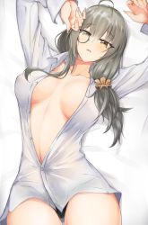 Rule 34 | 1girl, absurdres, bad id, bad pixiv id, bed, black panties, blush, breasts, collarbone, girls&#039; frontline, grey hair, hands up, helianthus (girls&#039; frontline), highres, large breasts, long hair, looking at viewer, lying, monocle, nail polish, no bra, on back, open clothes, open mouth, open shirt, panties, saett, shirt, simple background, solo, underwear, white shirt, yellow eyes