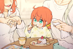 Rule 34 | 1boy, 2girls, ahoge, bedivere (fate), breasts, cake, child, child&#039;s drawing, commentary, crayon, cup, eating, family, fate/grand order, fate (series), father and daughter, food, food on face, fork, fujimaru ritsuka (female), green eyes, hair ornament, hair over shoulder, hair scrunchie, holding, holding fork, if they mated, jewelry, kulissara-aung, low twintails, mother and daughter, multiple girls, open mouth, orange hair, ring, scrunchie, small breasts, smile, symbol-only commentary, teacup, tissue box, twintails, twitter username, wedding ring