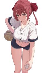 Rule 34 | 1girl, absurdres, alternate costume, ball, baseball, baseball glove, baseball uniform, blush, breasts, cleavage, closed mouth, collarbone, hair between eyes, hand on own hip, heterochromia, highres, holding, holding ball, hololive, houshou marine, large breasts, leaning forward, legs, long hair, looking at viewer, midriff, navel, red eyes, red hair, shirt, short shorts, short sleeves, shorts, simple background, solo, sportswear, stomach, striped clothes, striped shirt, thighs, tied shirt, twintails, virtual youtuber, white background, white shirt, whitek, yellow eyes