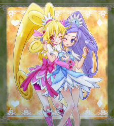 Rule 34 | 2girls, aida mana, blonde hair, blue bow, blue eyes, blue hair, blush, boots, bow, brooch, couple, cure diamond, cure heart, diamond (shape), dokidoki! precure, earrings, grabbing, grabbing another&#039;s breast, hair ornament, heart, heart brooch, heart hair ornament, highres, hishikawa rikka, hug, hug from behind, jewelry, licking lips, multiple girls, one eye closed, open mouth, pink bow, pink eyes, pink footwear, precure, sata (sat), tongue, tongue out, wink, yuri
