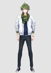 Rule 34 | 1boy, ahoge, arms at sides, black pants, blue eyes, earrings, full body, green hair, green scarf, grey background, iriam, jacket, jewelry, looking at viewer, male focus, official art, pants, scarf, sekisue, shoes, simple background, single earring, sneakers, solo, standing, straight-on, tachi-e, virtual youtuber, white jacket, wristband