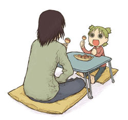 Rule 34 | 1boy, 1girl, :d, back, barefoot, brown hair, child, clenched hand, eating, emoncake., empty eyes, father and daughter, food, green eyes, green hair, holding, holding food, koiwai yotsuba, long sleeves, looking at another, lowres, mr. koiwai, open mouth, pants, pillow, quad tails, shirt, simple background, sitting, smile, soles, t-shirt, table, white background, yotsubato!