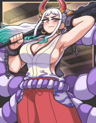 Rule 34 | 1girl, absurdres, arm behind head, armpits, artist name, blush, breasts, brown eyes, chain, cleavage, club, club (weapon), cowboy shot, earrings, gradient hair, green hair, highres, horns, jewelry, kanabou, large breasts, long hair, multicolored hair, one piece, outline, rope, sagas293, sideboob, sidelocks, sleeveless, solo, weapon, white hair, white outline, yamato (one piece)
