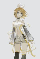 Rule 34 | 1girl, aqua eyes, arm warmers, bare shoulders, beamed eighth notes, blonde hair, bow, clothing cutout, commentary, contrapposto, cowboy shot, detached sleeves, eighth note, grey background, hair bow, hair ornament, hairclip, head tilt, headphones, headset, hip gear, kagamine rin, kagamine rin (append), leg warmers, looking at viewer, musical note, navel, navel cutout, pendant choker, popped collar, pye yyy, quarter note, see-through, see-through sleeves, short hair, shorts, solo, standing, treble clef, vocaloid, vocaloid append