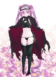 Rule 34 | 1girl, black panties, blush, cape, cosplay, dagger, fate/apocrypha, fate/grand order, fate/hollow ataraxia, fate (series), highres, jack the ripper (fate/apocrypha), jack the ripper (fate/apocrypha) (cosplay), knife, long hair, looking at viewer, navel, panties, purple eyes, purple hair, revealing clothes, smile, stheno (fate), thighs, twintails, underwear, very long hair, weapon